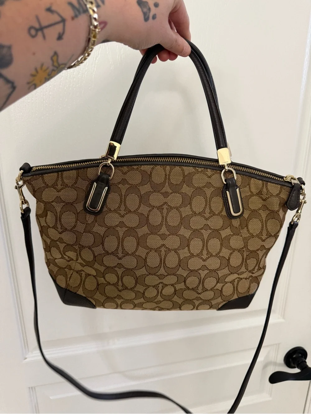 Coach Brown Signature Canvas Satchel with Dark Brown Leather Trim